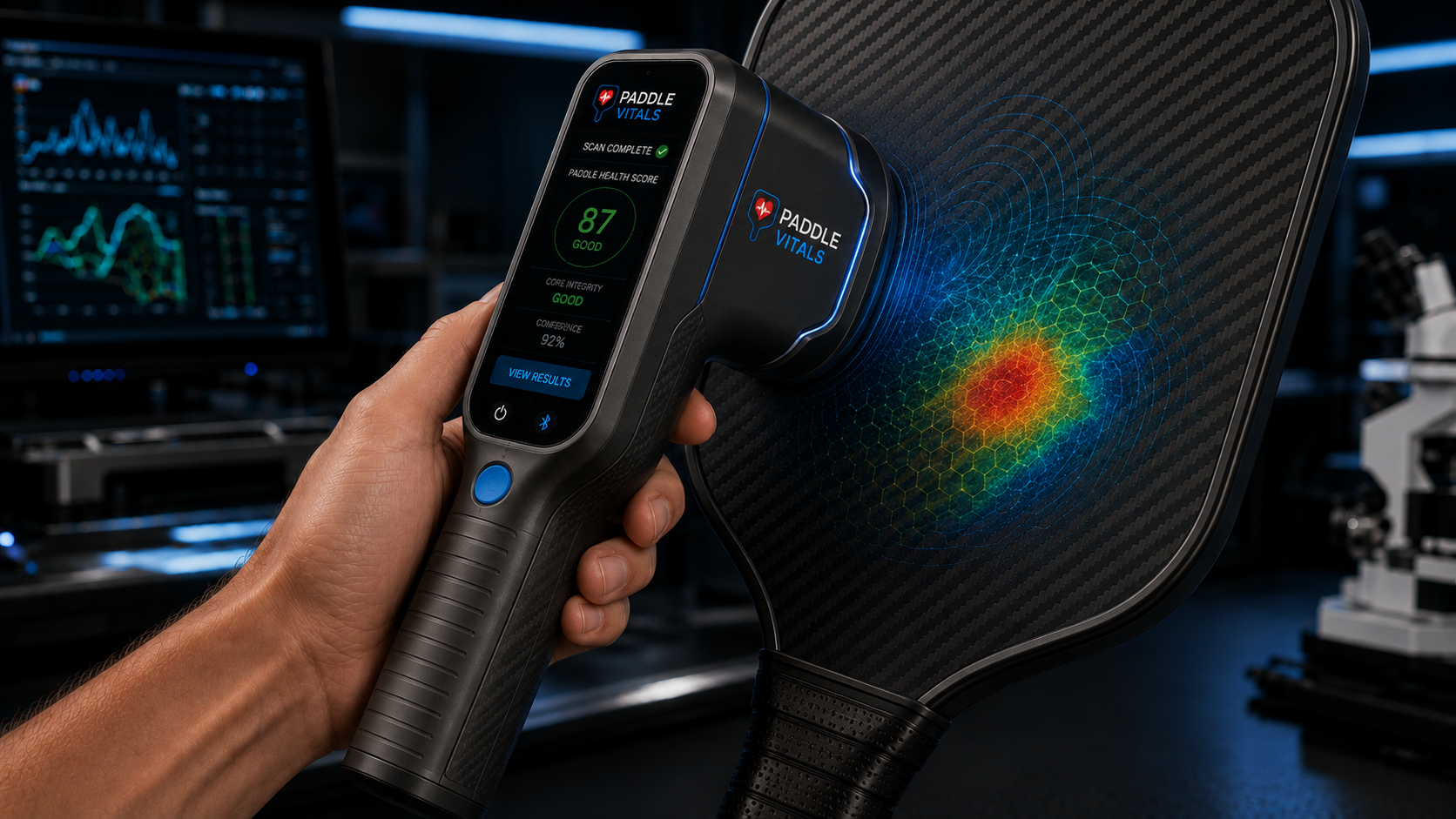 Hand holding the Pulse prototype device against a pickleball paddle face, showing a completed scan with Paddle Vitals health score